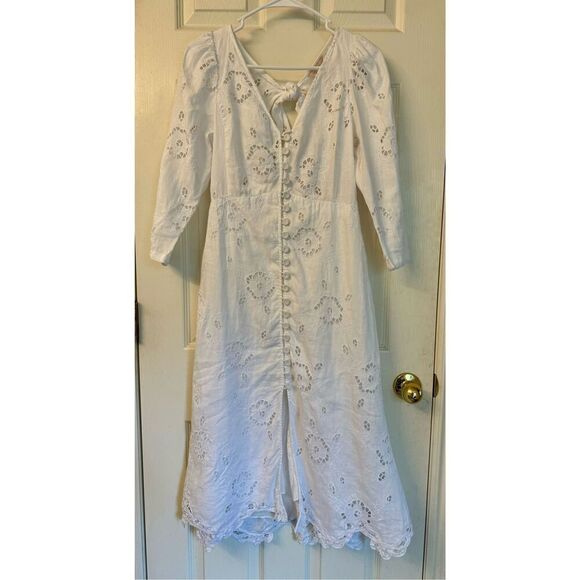 Rebecca Taylor Terri Dress Embroidered White Linen Midi Dress with Tie Back 4 - Picture 3 of 12